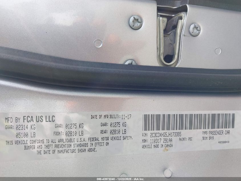 2018 Dodge Charger Sxt Plus Rwd VIN: 2C3CDXHG5JH173395 Lot: 43972240