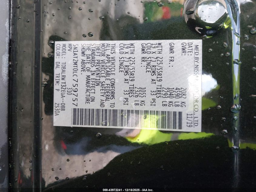 2020 Nissan Rogue Sl Fwd VIN: 5N1AT2MT0LC759757 Lot: 43972241