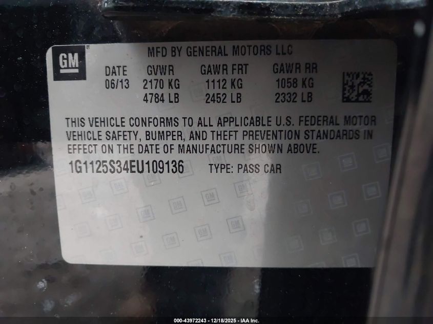 2014 Chevrolet Impala 2Lt VIN: 1G1125S34EU109136 Lot: 43972243