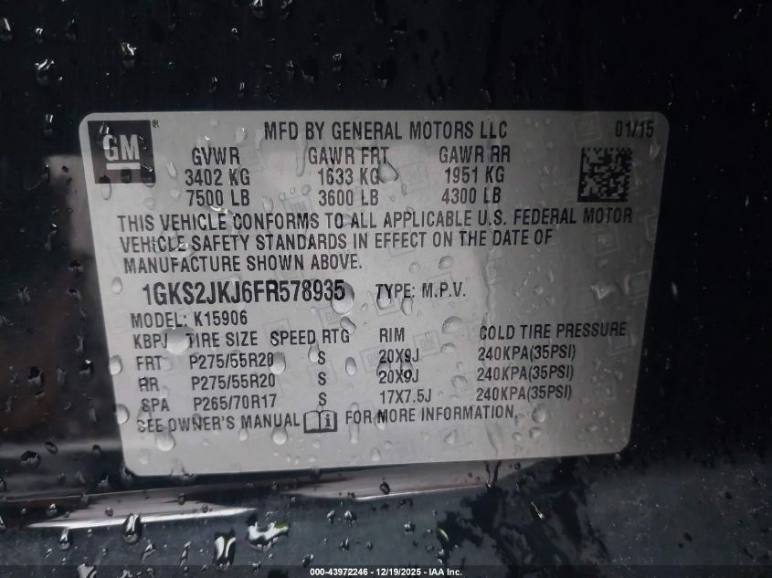 2015 GMC Yukon Xl 1500 Denali VIN: 1GKS2JKJ6FR578935 Lot: 43972246