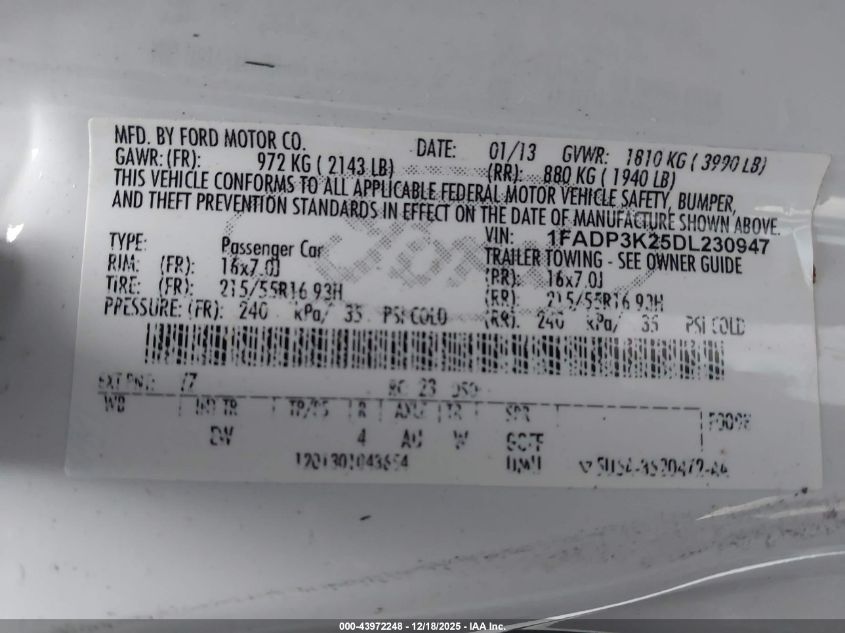 2013 Ford Focus Se VIN: 1FADP3K25DL230947 Lot: 43972248