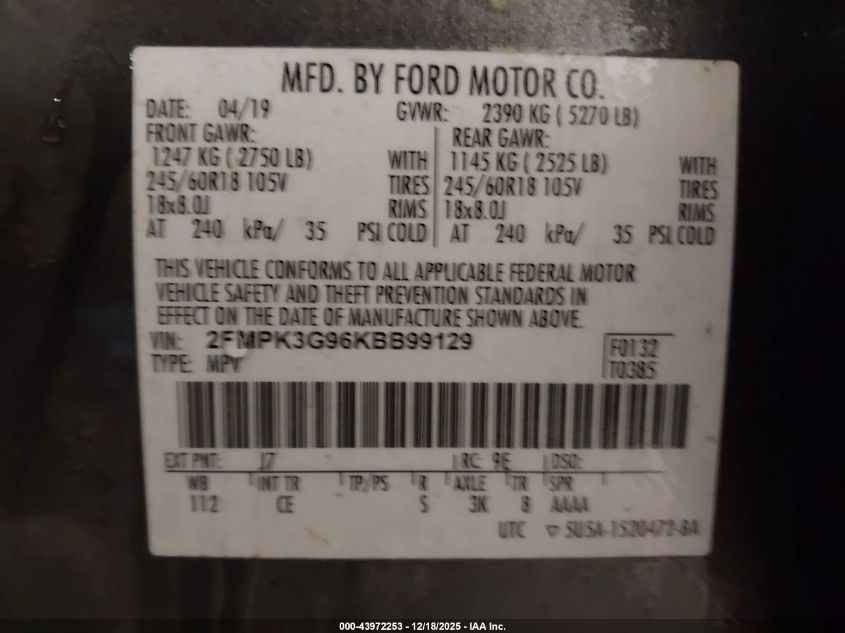 2019 Ford Edge Se VIN: 2FMPK3G96KBB99129 Lot: 43972253