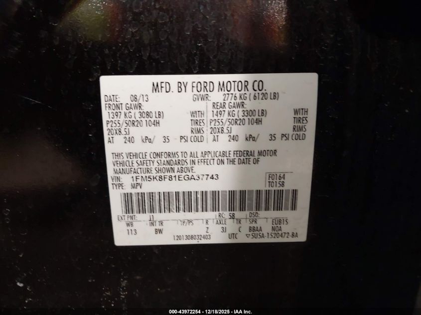 2014 Ford Explorer Limited VIN: 1FM5K8F81EGA37743 Lot: 43972254