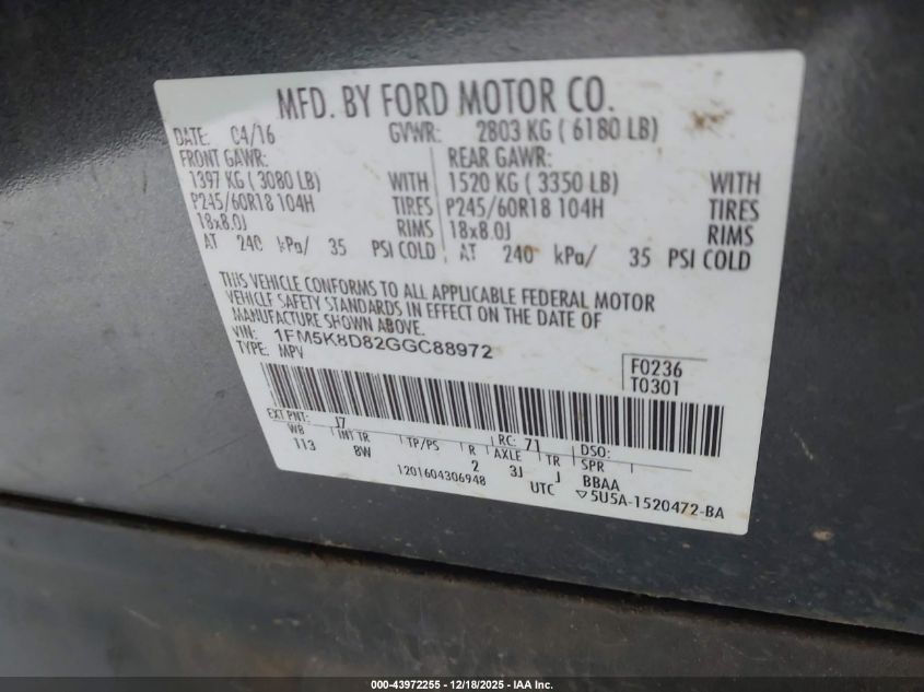 2016 Ford Explorer Xlt VIN: 1FM5K8D82GGC88972 Lot: 43972255