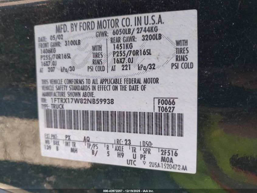 2002 Ford F-150 Lariat/Xl/Xlt VIN: 1FTRX17W82NB59938 Lot: 43972257