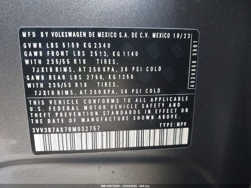 2024 Volkswagen Tiguan 2.0T Se/2.0T Wolfsburg Edition VIN: 3VV3B7AX7RM032757 Lot: 43972258