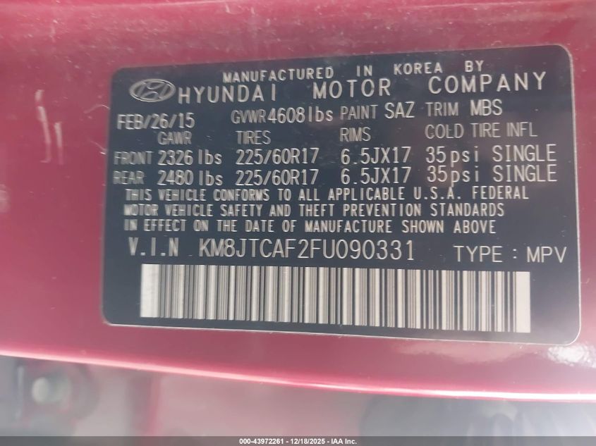 2015 Hyundai Tucson VIN: KMHJTCAF2FU090331 Lot: 43972261