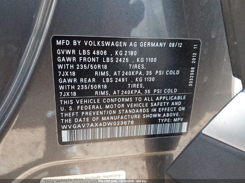 2013 Volkswagen Tiguan S/Se/Sel VIN: WVGAV7AX4DW023676 Lot: 43972265