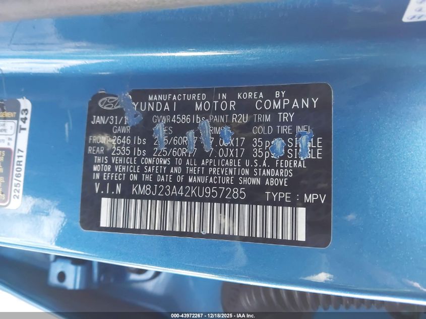 2019 Hyundai Tucson Se VIN: KM8J23A42KU957285 Lot: 43972267