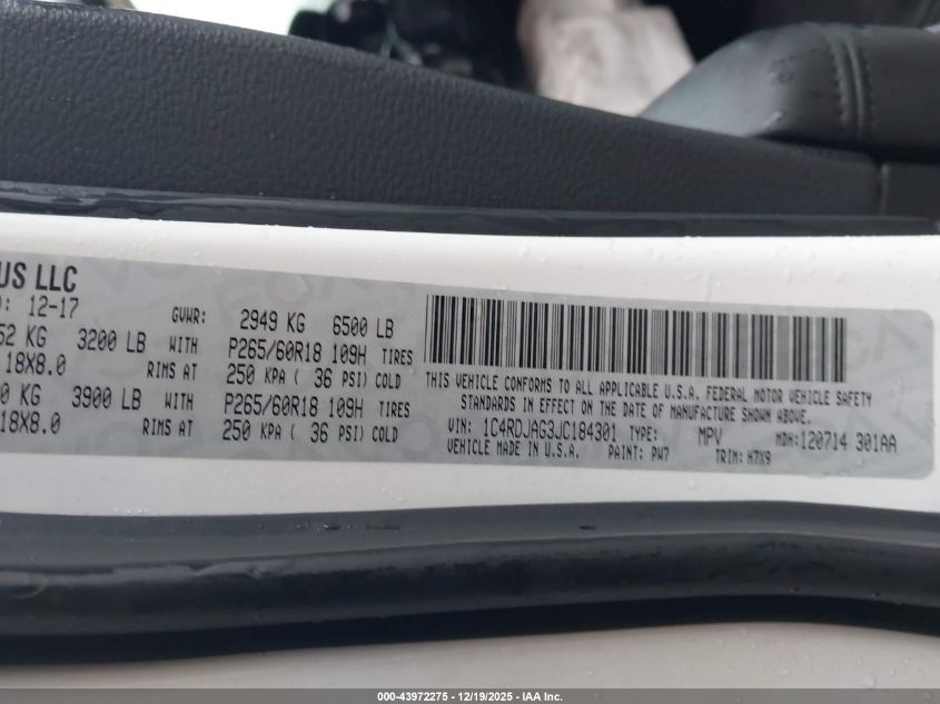 2018 Dodge Durango Sxt Awd VIN: 1C4RDJAG3JC184301 Lot: 43972275