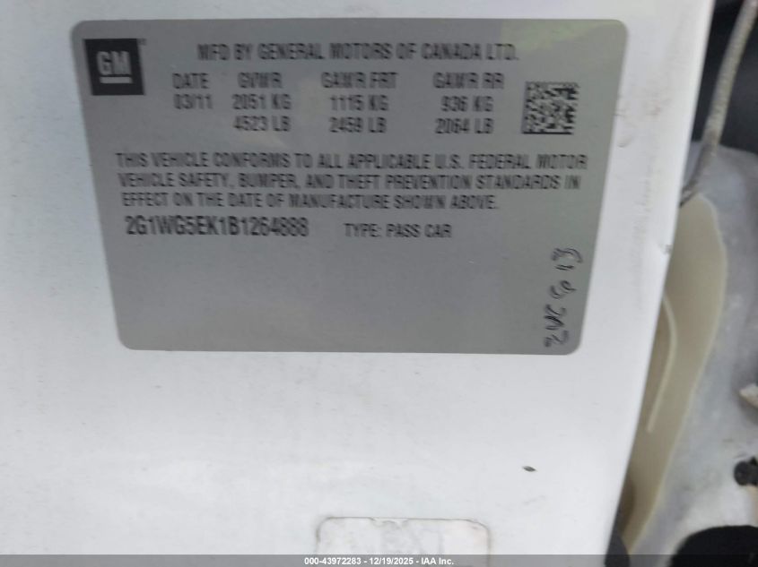 2011 Chevrolet Impala Lt VIN: 2G1WG5EK1B1264888 Lot: 43972283