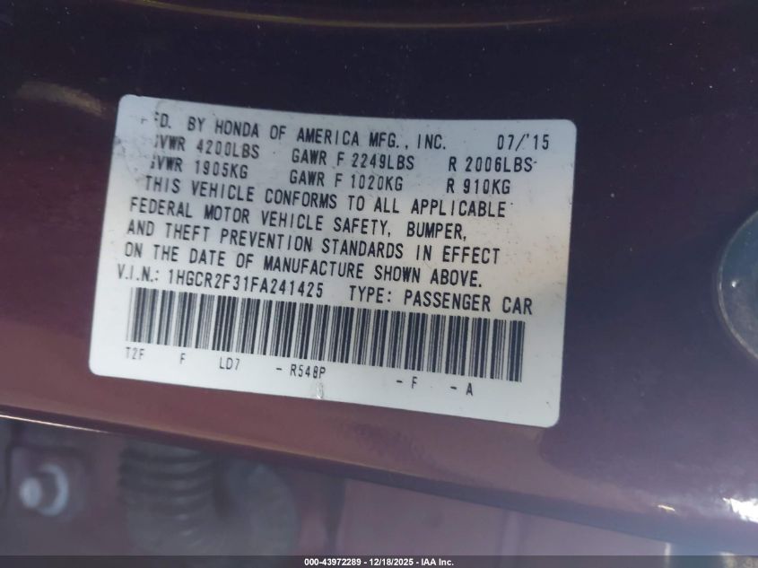 2015 Honda Accord Lx VIN: 1HGCR2F31FA241425 Lot: 43972289