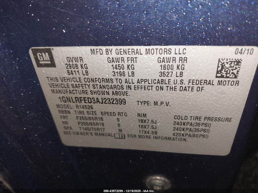 2010 Chevrolet Traverse Lt VIN: 1GNLRFED3AJ232399 Lot: 43972298