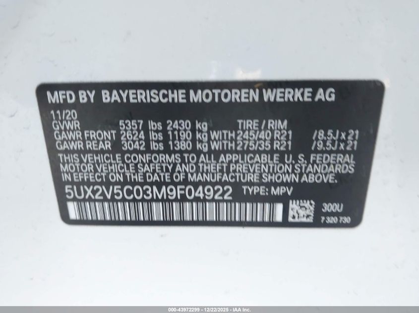 2021 BMW X4 M40I VIN: 5UX2V5C03M9F04922 Lot: 43972299
