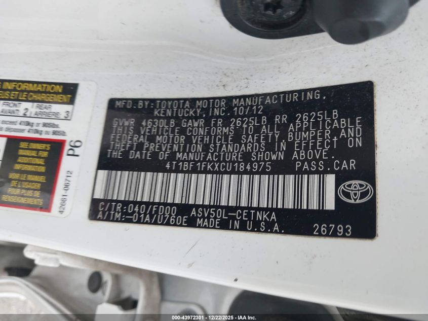 2012 Toyota Camry Le VIN: 4T1BF1FKXCU184975 Lot: 43972301