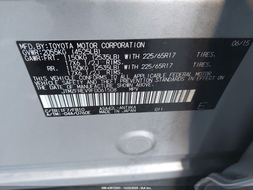 2015 Toyota Rav4 Le VIN: JTMZFREV9FD061508 Lot: 43972303