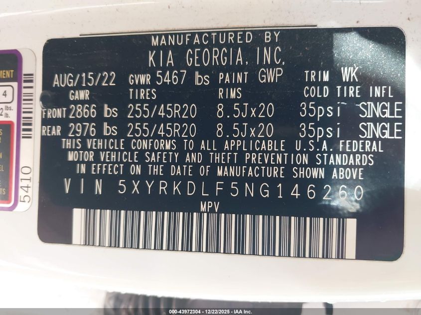 2022 Kia Sorento X-Line Sx Prestige VIN: 5XYRKDLF5NG146260 Lot: 43972304