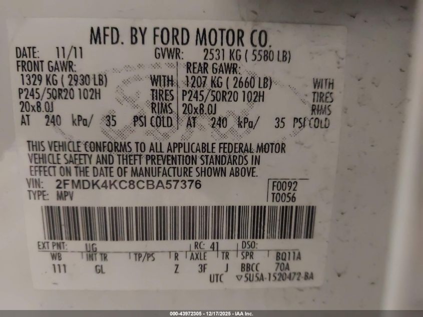 2012 Ford Edge Limited VIN: 2FMDK4KC8CBA57376 Lot: 43972305