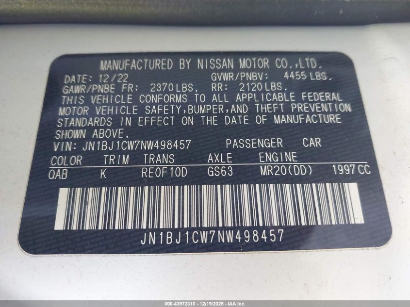 2022 Nissan Rogue Sport Sl Awd Xtronic Cvt VIN: JN1BJ1CW7NW498457 Lot: 43972310