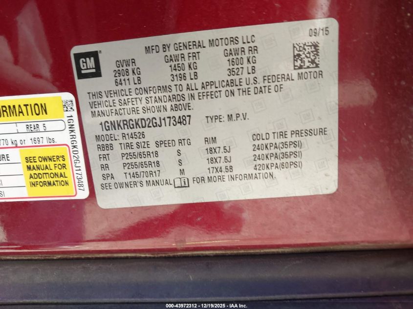 2016 Chevrolet Traverse 1Lt VIN: 1GNKRGKD2GJ173487 Lot: 43972312