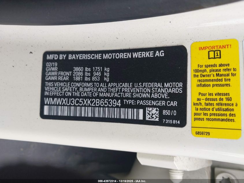 2019 Mini Hardtop Cooper S VIN: WMWXU3C5XK2B65394 Lot: 43972314