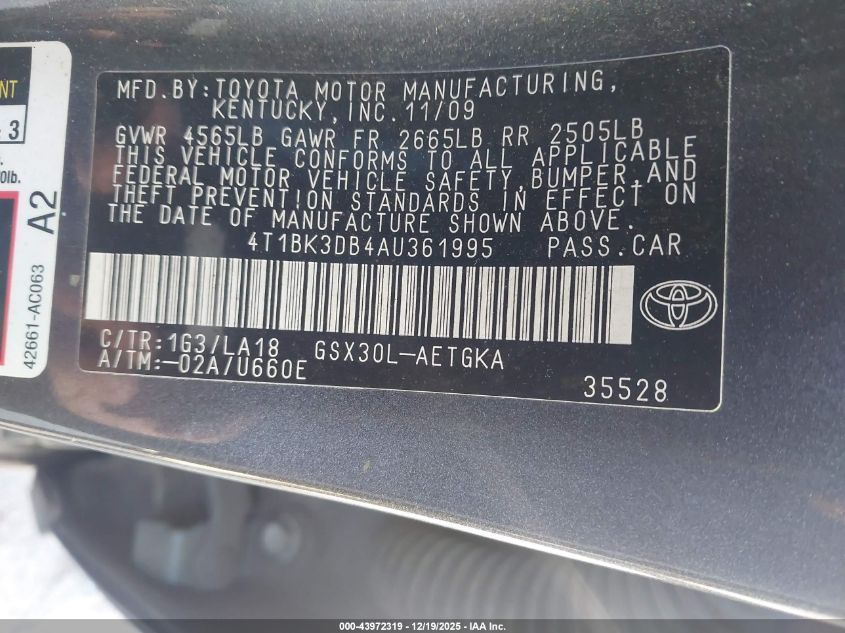 2010 Toyota Avalon Xls VIN: 4T1BK3DB4AU361995 Lot: 43972319