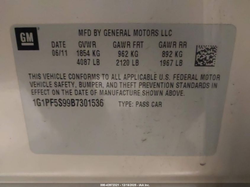 2011 Chevrolet Cruze 1Lt VIN: 1G1PF5S99B7301536 Lot: 43972321