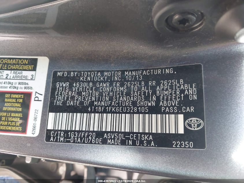 2014 Toyota Camry Se VIN: 4T1BF1FK6EU328105 Lot: 43972322