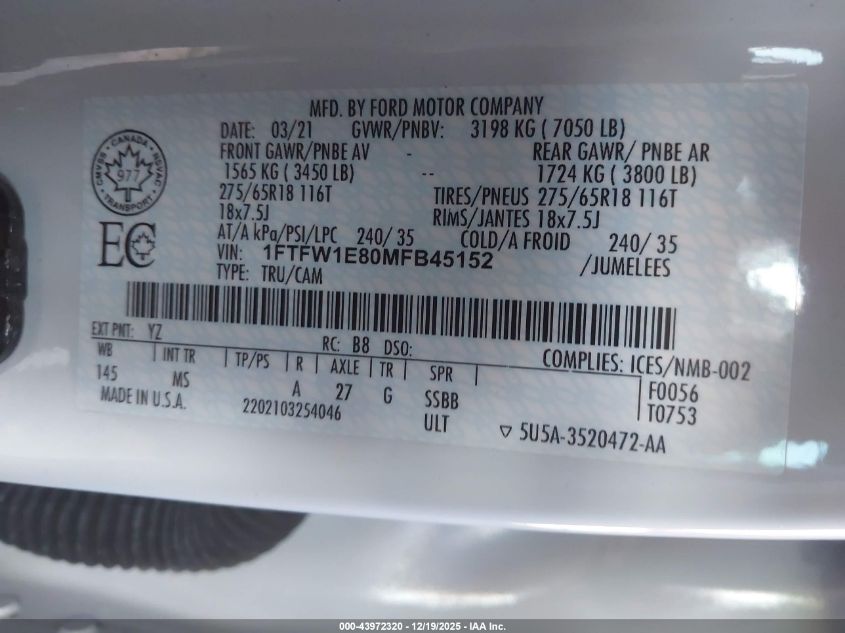 2021 Ford F-150 Xlt VIN: 1FTFW1E80MFB45152 Lot: 43972320