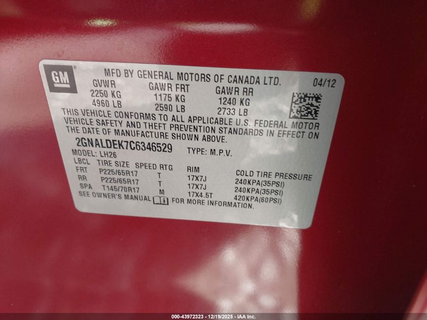 2012 Chevrolet Equinox 1Lt VIN: 2GNALDEK7C6346529 Lot: 43972323