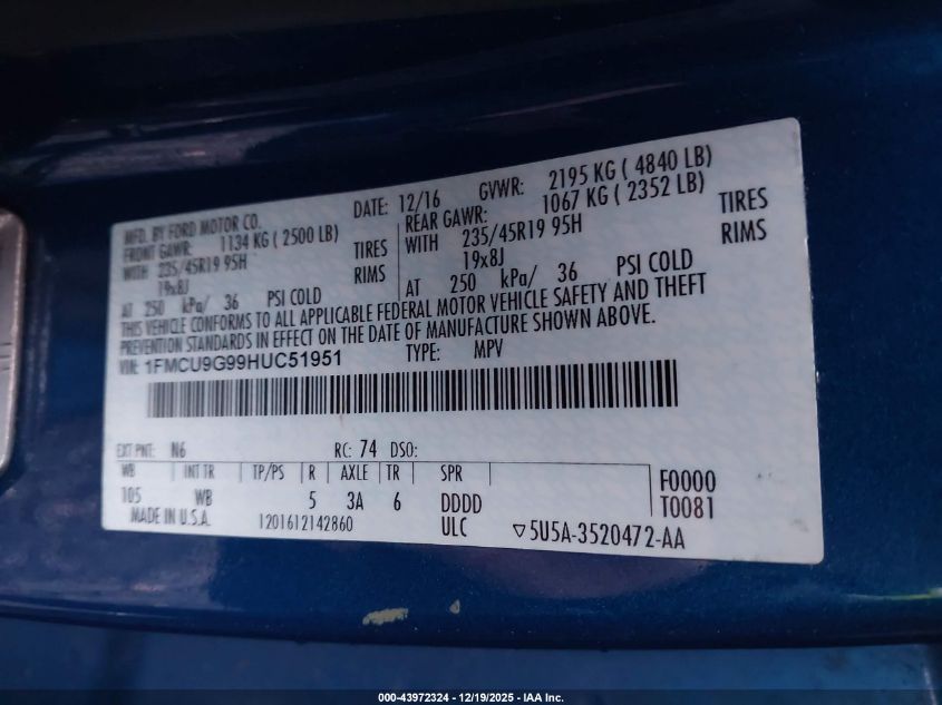 2017 Ford Escape Se VIN: 1FMCU9G99HUC51951 Lot: 43972324