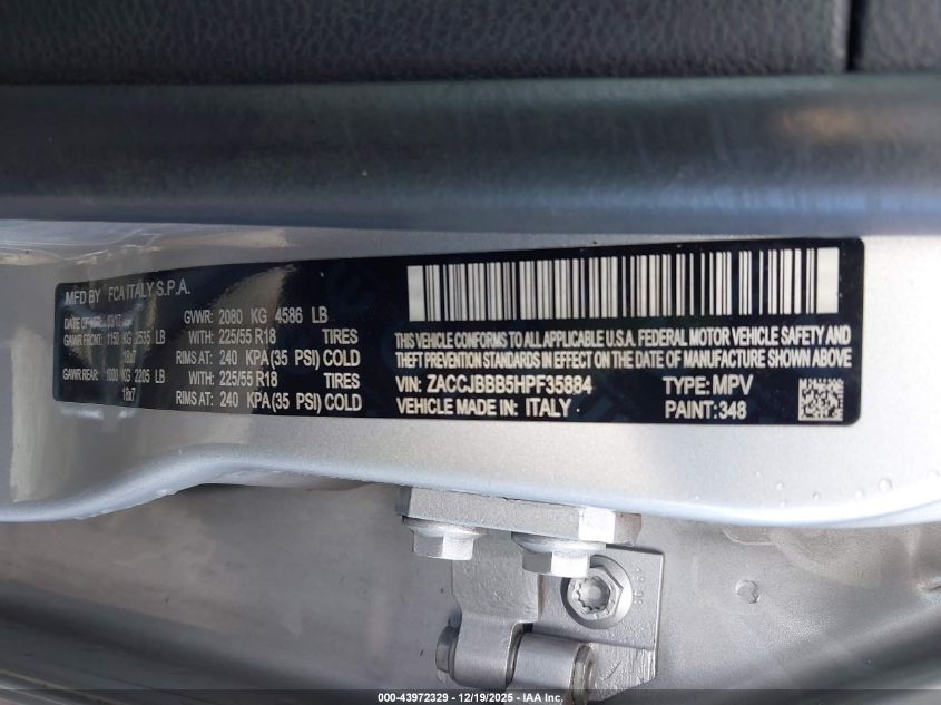 2017 Jeep Renegade Altitude 4X4 VIN: ZACCJBBB5HPF35884 Lot: 43972329