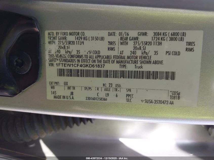 2016 Ford F-150 Xlt VIN: 1FTEW1CF4GKD61837 Lot: 43972334