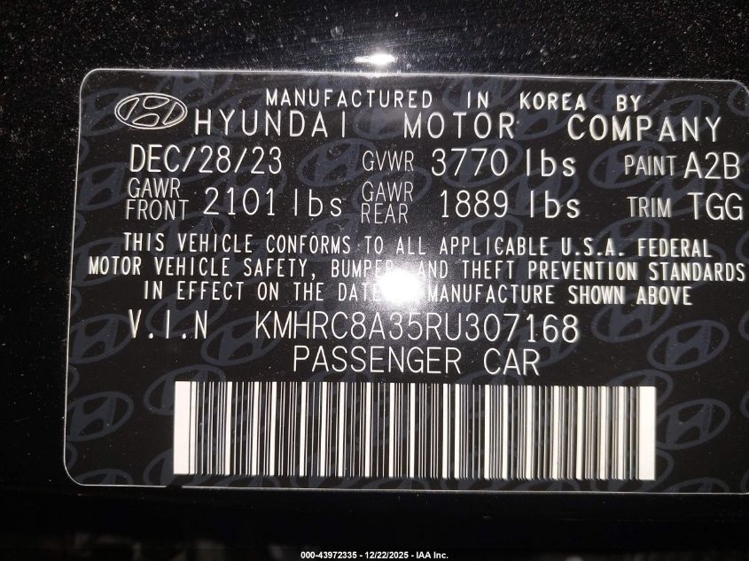 2024 Hyundai Venue Sel VIN: KMHRC8A35RU307168 Lot: 43972335