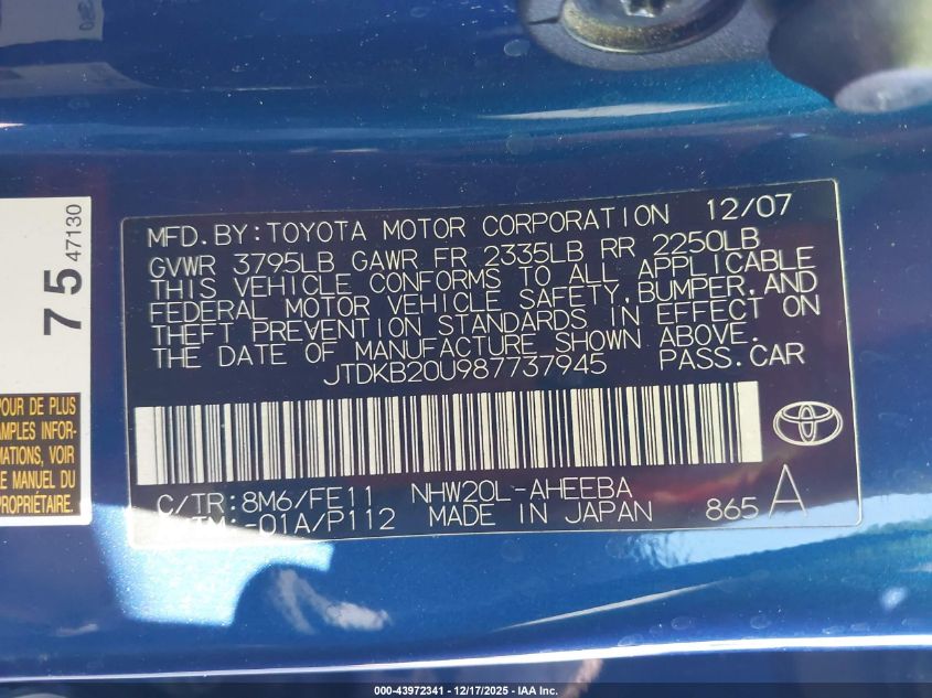 2008 Toyota Prius VIN: JTDKB20U987737945 Lot: 43972341