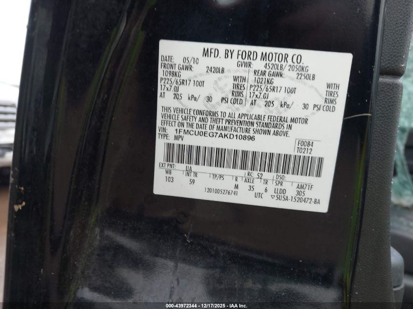 2010 Ford Escape Limited VIN: 1FMCU0EG7AKD10896 Lot: 43972344