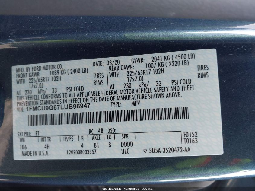 2020 Ford Escape Se VIN: 1FMCU9G67LUB96947 Lot: 43972349