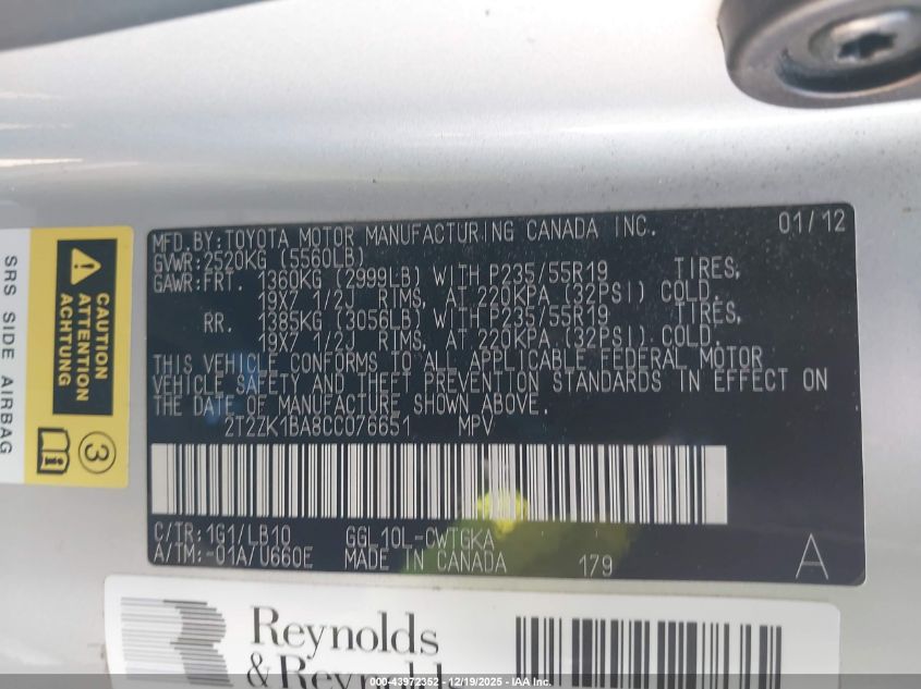 2012 Lexus Rx 350 VIN: 2T2ZK1BA8CC076651 Lot: 43972352