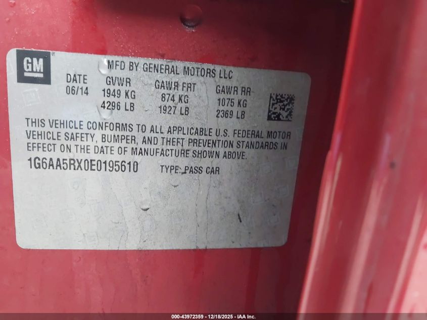 2014 Cadillac Ats Standard VIN: 1G6AA5RX0E0195610 Lot: 43972359