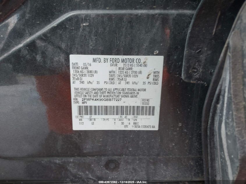 2016 Ford Edge Titanium VIN: 2FMPK4K90GBB77227 Lot: 43972362