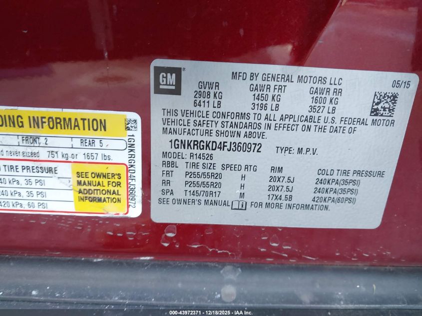 2015 Chevrolet Traverse 1Lt VIN: 1GNKRGKD4FJ360972 Lot: 43972371