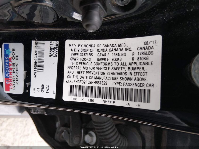 2017 Honda Civic Lx VIN: 2HGFC2F58HH561829 Lot: 43972372