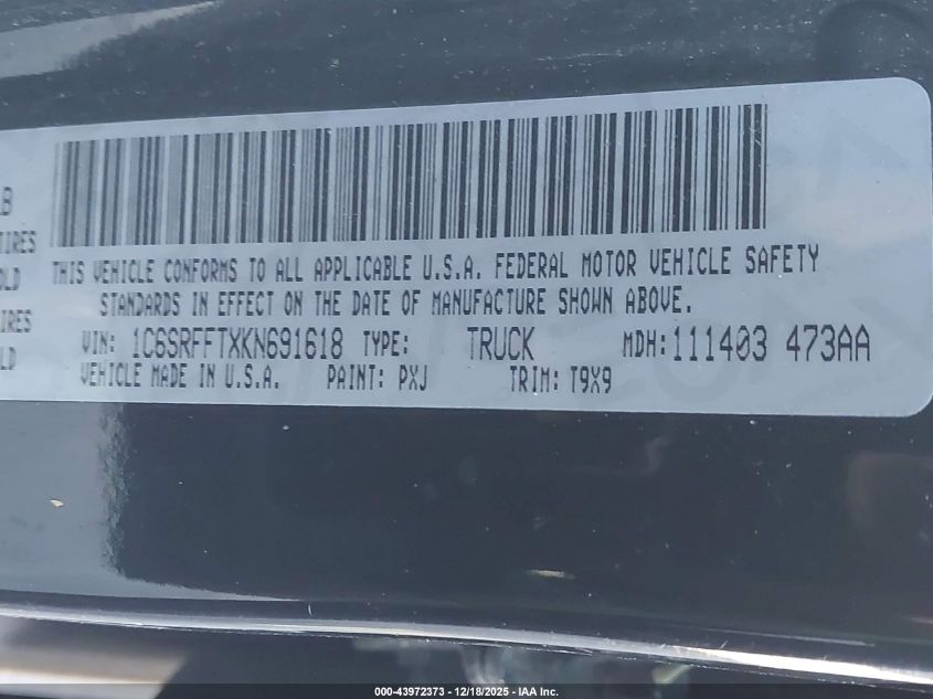 2019 Ram 1500 Big Horn/Lone Star 4X4 5'7 Box VIN: 1C6SRFFTXKN691618 Lot: 43972373