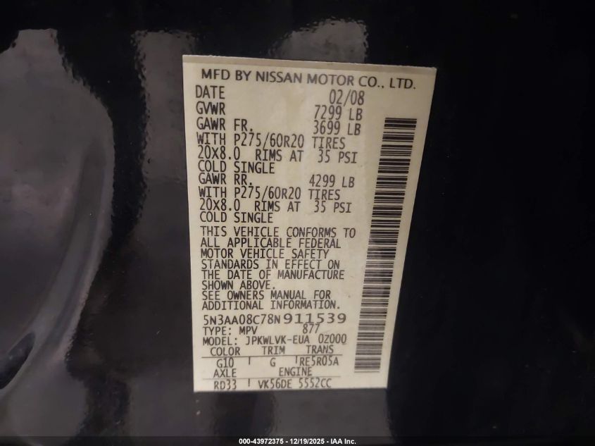 2008 Infiniti Qx56 VIN: 5N3AA08C78N911539 Lot: 43972375