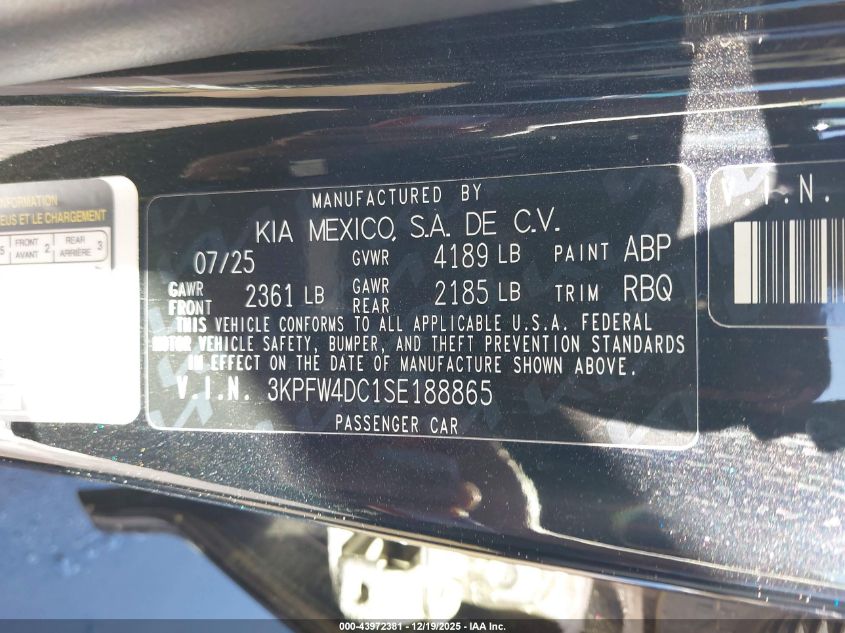 2025 Kia K4 Gt-Line Turbo VIN: 3KPFW4DC1SE188865 Lot: 43972381