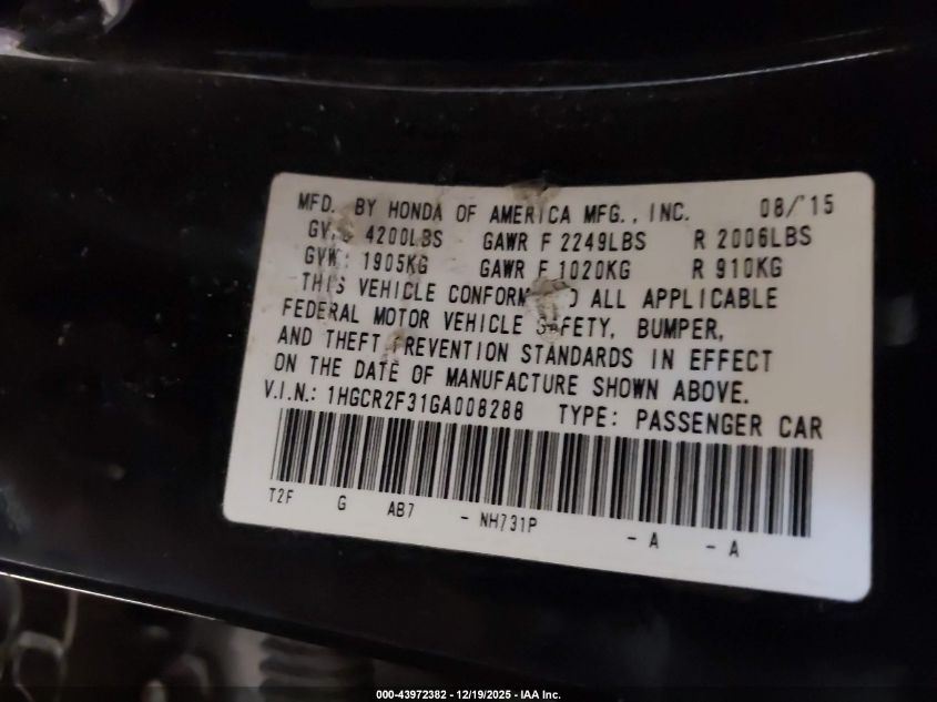 2016 Honda Accord Lx VIN: 1HGCR2F31GA008288 Lot: 43972382