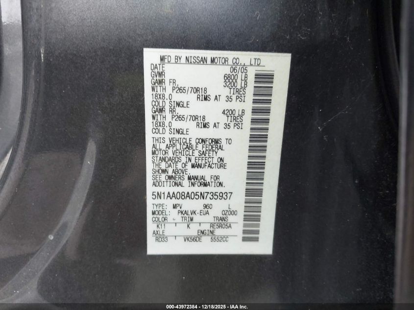 2005 Nissan Armada Le VIN: 5N1AA08A05N735937 Lot: 43972384