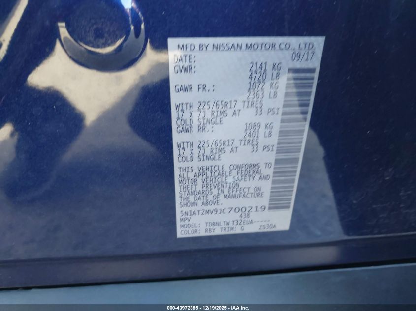 2018 Nissan Rogue Sv VIN: 5N1AT2MV9JC700219 Lot: 43972385