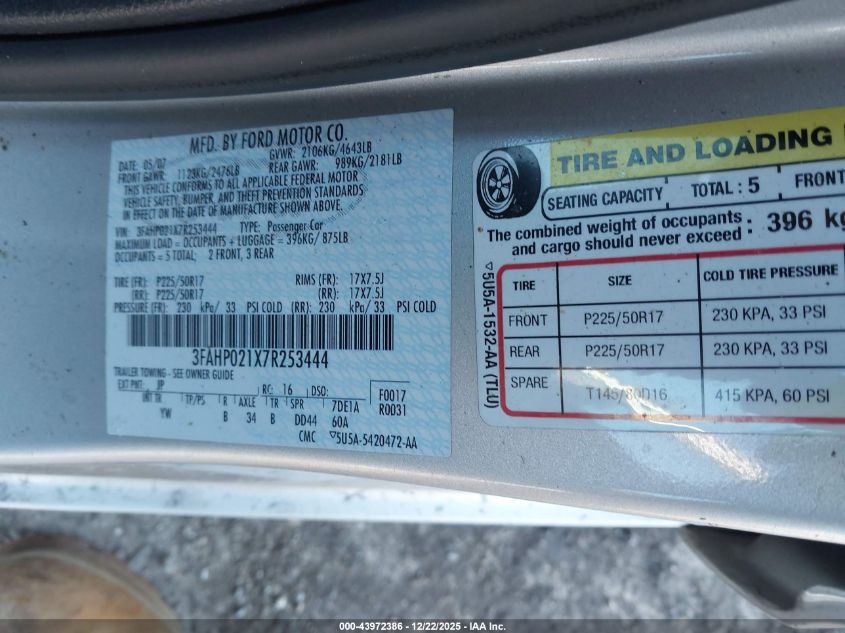 2007 Ford Fusion Sel VIN: 3FAHP021X7R253444 Lot: 43972386