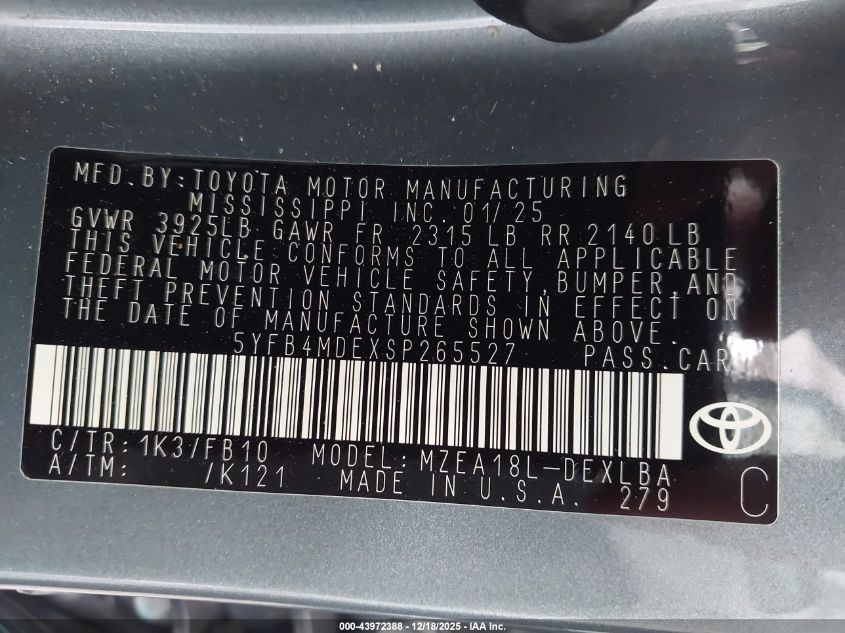 2025 Toyota Corolla Le VIN: 5YFB4MDEXSP265527 Lot: 43972388